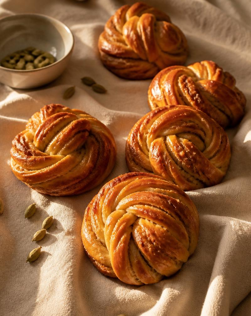 Cardamom buns cooling on warm linen