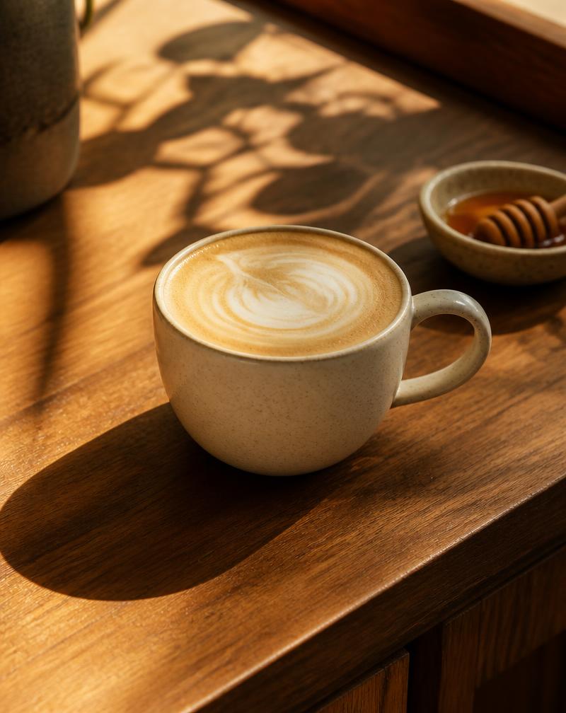 Honey flat white in a ceramic cup on a sunlit counter