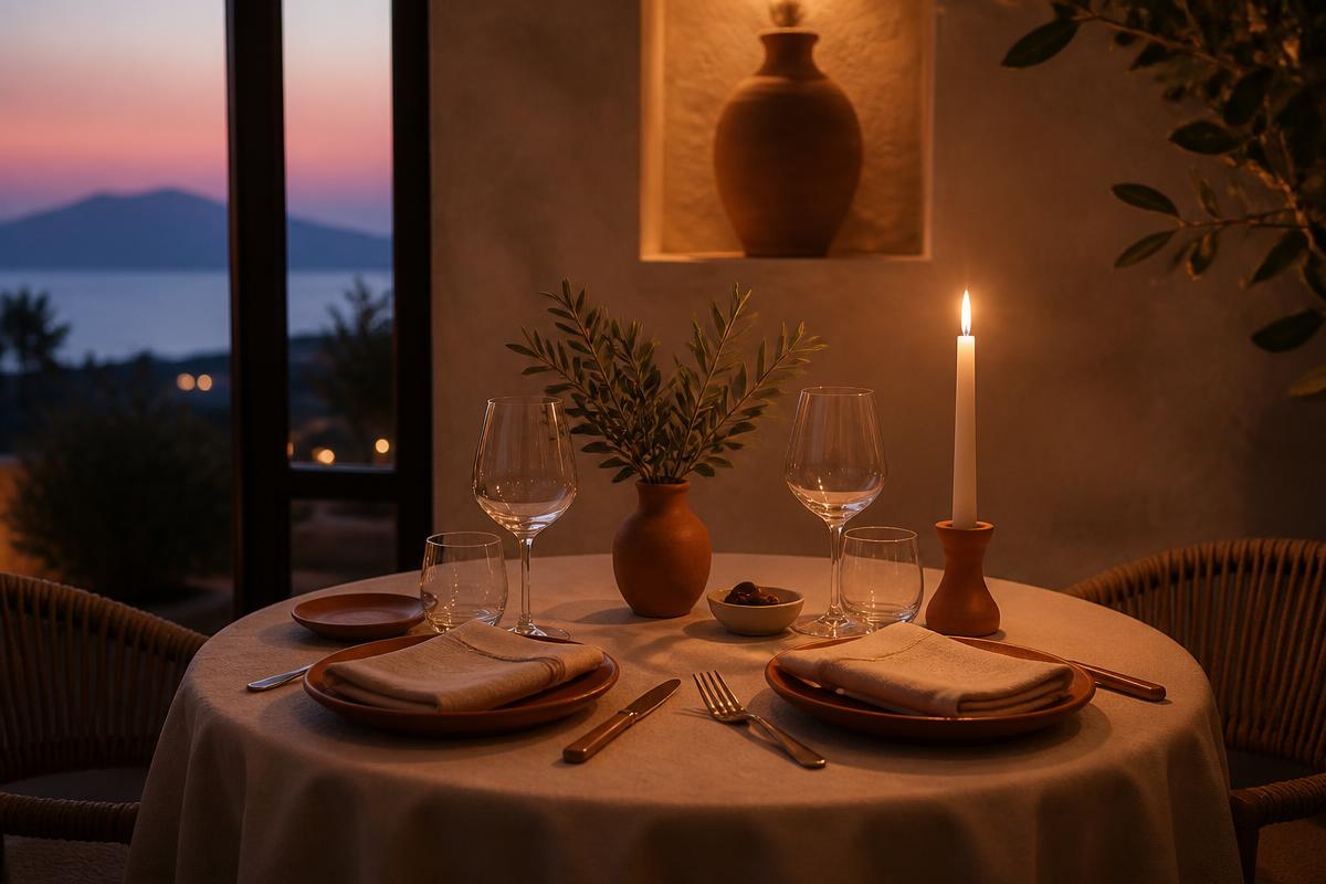 Candlelit table set for two at dusk